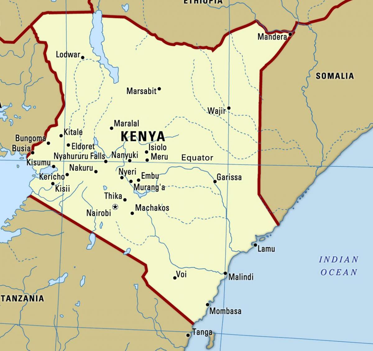 карта на Кения с градовете